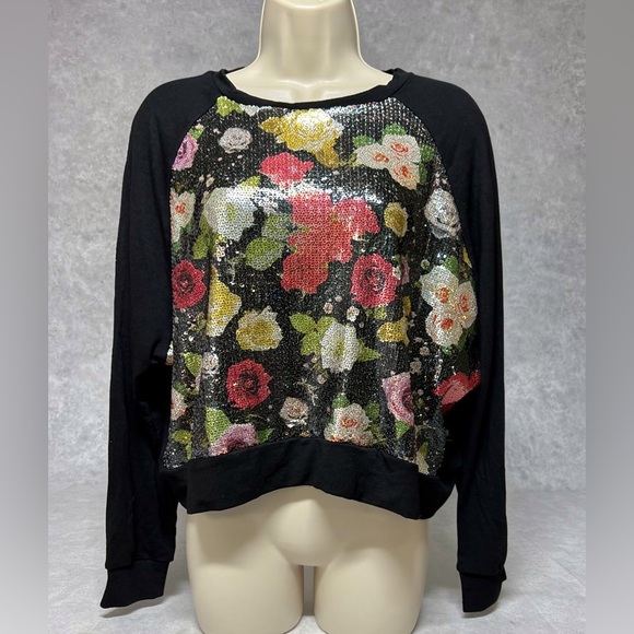 Terez Tops - NWT Terez Floral Sequin Front Pullover Top Black Size Small